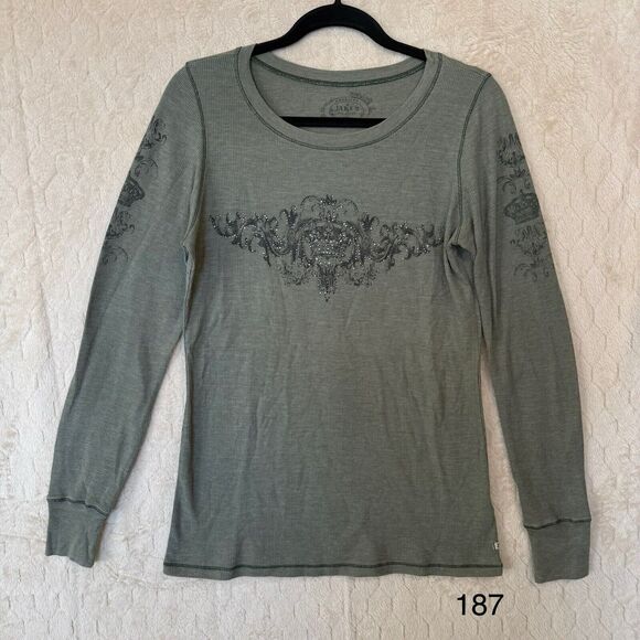 Jake’s Sage Green Rhinestones Long Sleeve L Thermal Shirt Y2K Grunge Made In USA - Picture 1 of 12